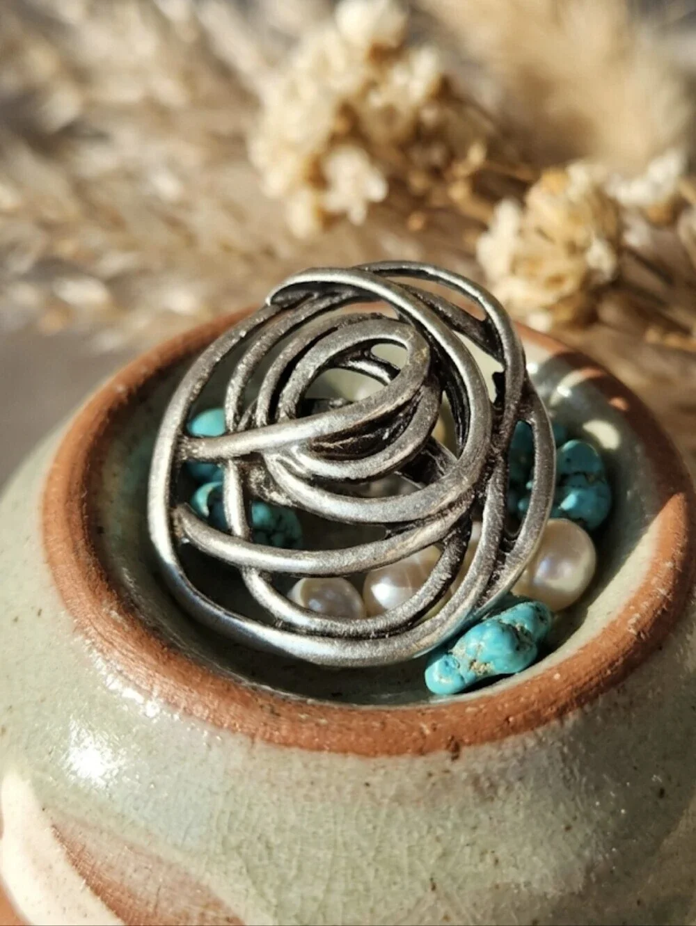 Turkish Zamak Rose Ring Large Statement Adjustable Boho Western Antiqued Silver